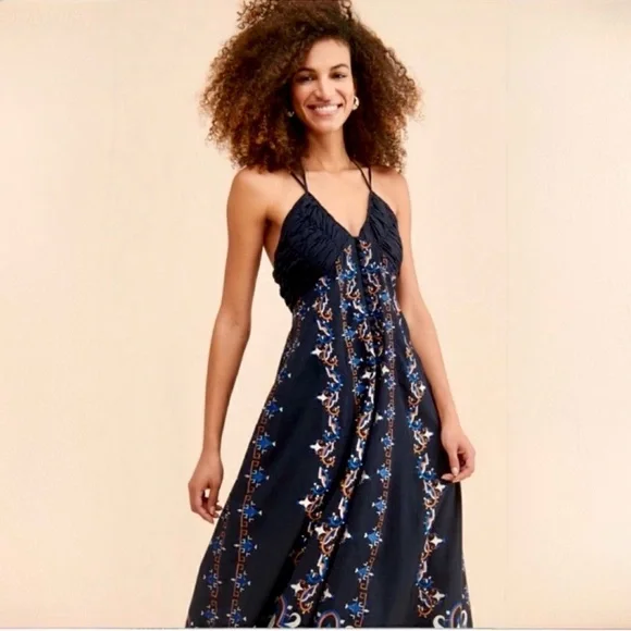 ANTHROPOLOGIE EMBROIDERED HALTER MIDI DRESS NAVY COMBO NEW SIZE 12 - Picture 8 of 9